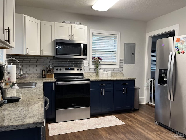 kitchen featuring blue cabinetry, sink, stainless steel appliances, electric panel, and white cabinets