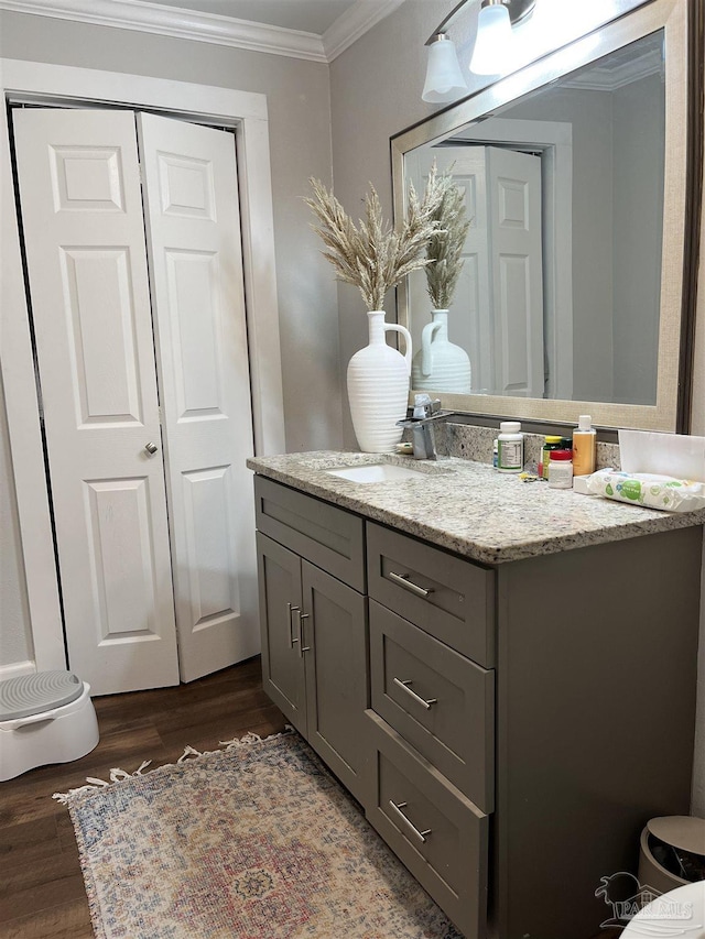 bathroom featuring vanity, wood-type flooring, and ornamental molding