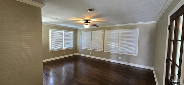 381 Euclid St, Pensacola, FL 32503 - empty room featuring a ceiling fan, dark wood-style floors, and ornamental molding