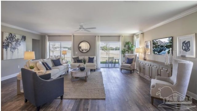 5752 Farrel Way, Milton, FL 32583 - living area featuring ornamental molding, healthy amount of natural light, a ceiling fan, and wood finished floors