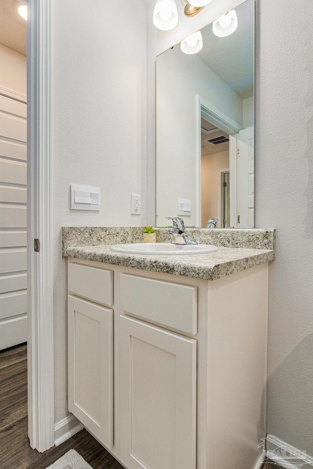 bathroom featuring hardwood / wood-style flooring and vanity