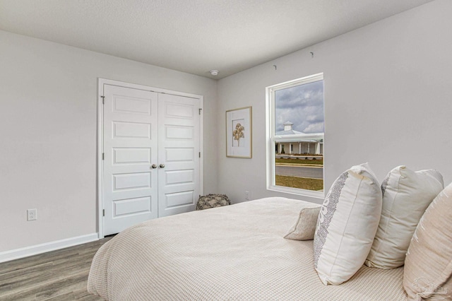 bedroom with dark wood-type flooring and a closet