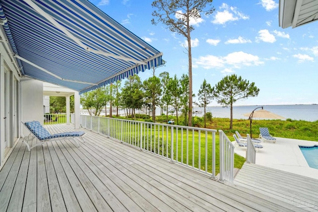 458 Parish Blvd, Mary Esther, FL 32569 - wooden terrace with a water view, a yard, and an outdoor pool