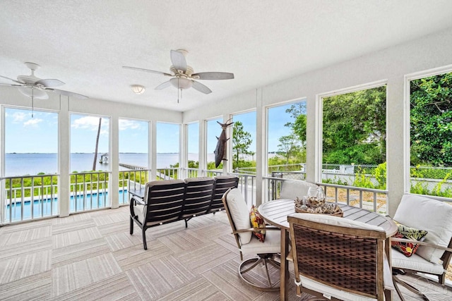458 Parish Blvd, Mary Esther, FL 32569 - sunroom / solarium with a ceiling fan, a water view, and an outdoor living space
