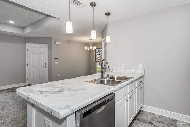 kitchen with sink, hanging light fixtures, kitchen peninsula, dishwasher, and white cabinets