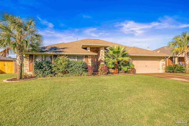 ranch-style house featuring a garage and a front lawn