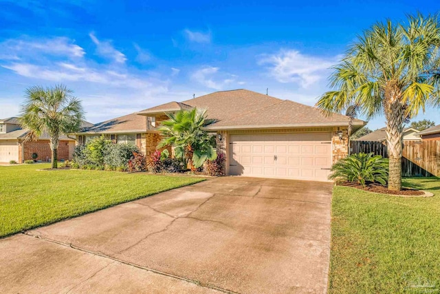 ranch-style home with a garage and a front lawn