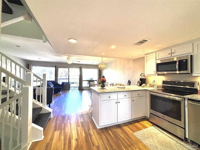 kitchen with open floor plan, a peninsula, wood finished floors, and stainless steel appliances