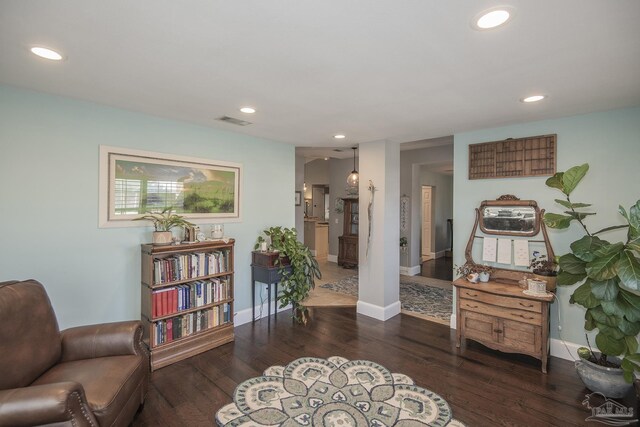 living area featuring dark wood-type flooring