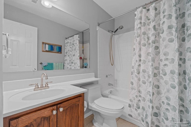 1841 E Smugglers Cove Dr, Gulf Breeze, FL 32563 - full bathroom with toilet, shower / bathtub combination with curtain, vanity, and tile patterned flooring