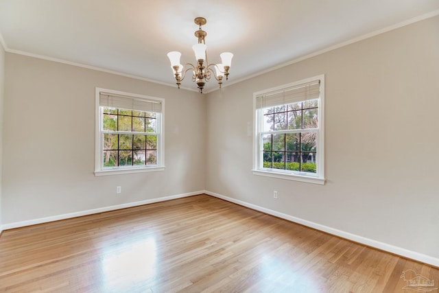 spare room featuring ornamental molding, a wealth of natural light, and wood finished floors