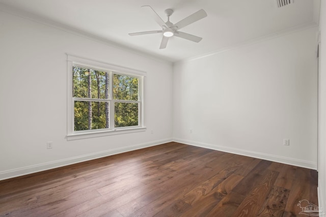 unfurnished room featuring crown molding, ceiling fan, and dark hardwood / wood-style flooring