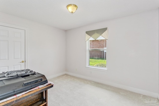 interior space featuring light carpet, a textured ceiling, and baseboards