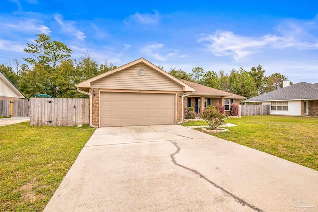 single story home with a garage, concrete driveway, brick siding, and fence