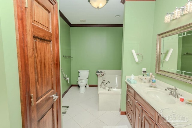 full bathroom featuring tile patterned flooring, toilet, vanity, ornamental molding, and a bath