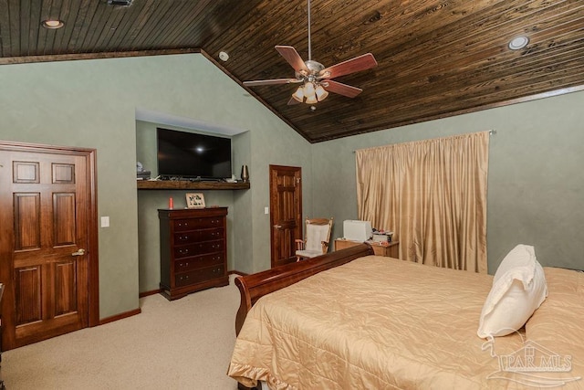 bedroom with carpet floors, wood ceiling, vaulted ceiling, and baseboards