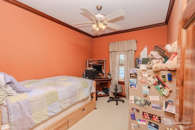 carpeted bedroom with ornamental molding, a ceiling fan, and freestanding refrigerator