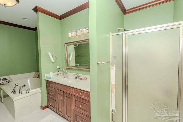 bathroom with ornamental molding, vanity, a shower stall, a bath, and tile patterned floors