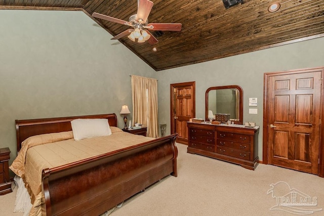 bedroom with a ceiling fan, wooden ceiling, carpet flooring, and high vaulted ceiling