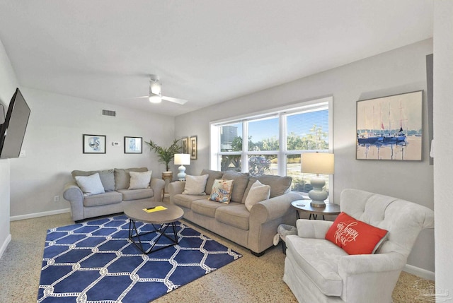 living room with ceiling fan