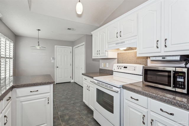 152 Mirabelle Cir, Pensacola, FL 32514 - kitchen with white electric range, under cabinet range hood, stainless steel microwave, dark countertops, and white cabinetry