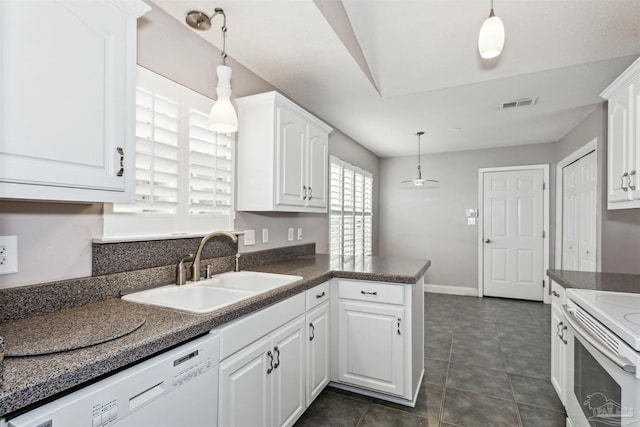 152 Mirabelle Cir, Pensacola, FL 32514 - kitchen with white appliances, a sink, white cabinetry, and dark countertops