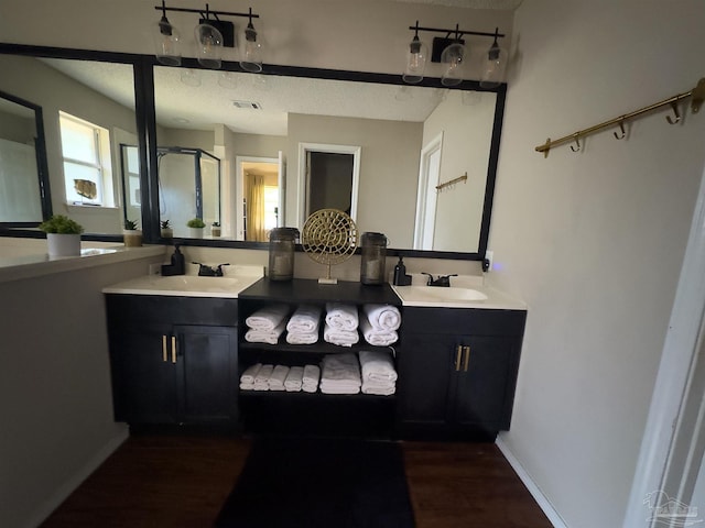 bathroom with visible vents, a sink, wood finished floors, and double vanity