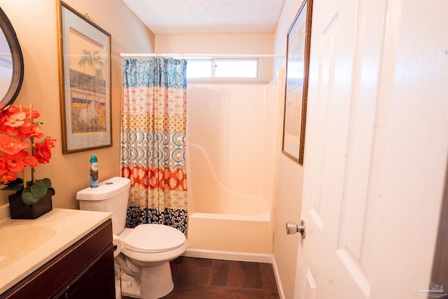 bathroom with vanity, shower / bathtub combination with curtain, and toilet