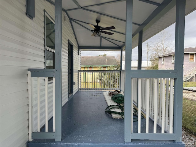 view of patio / terrace featuring ceiling fan and a porch