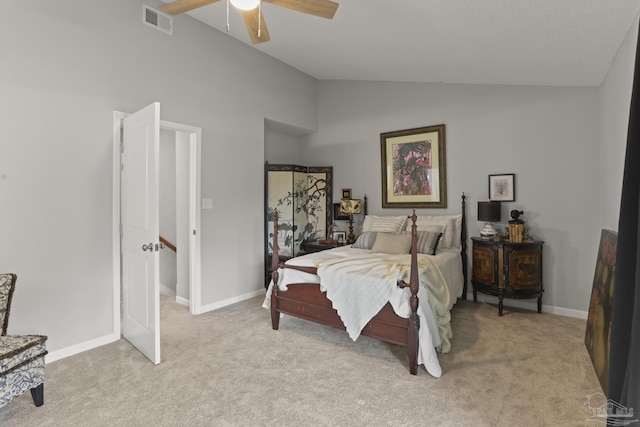 carpeted bedroom featuring vaulted ceiling, a ceiling fan, visible vents, and baseboards