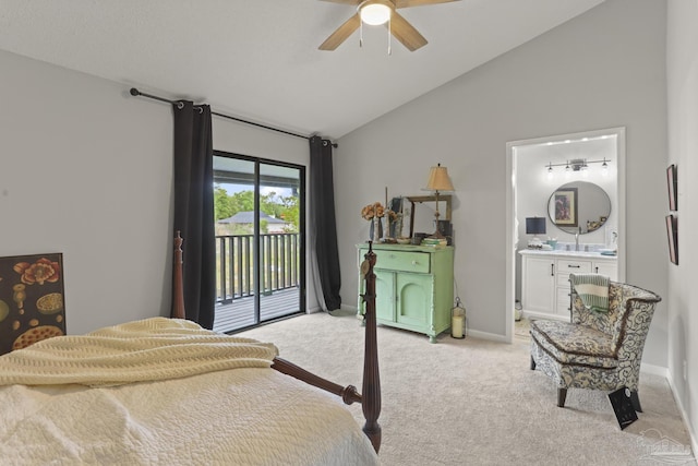 bedroom with light carpet, access to exterior, baseboards, lofted ceiling, and ensuite bath
