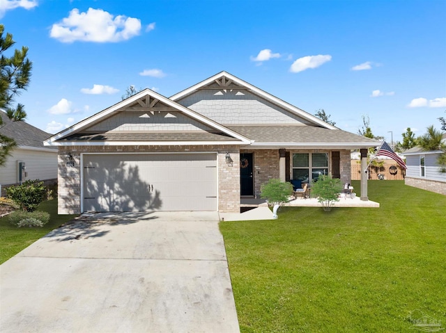 craftsman-style house with a front yard, a shingled roof, a garage, concrete driveway, and brick siding