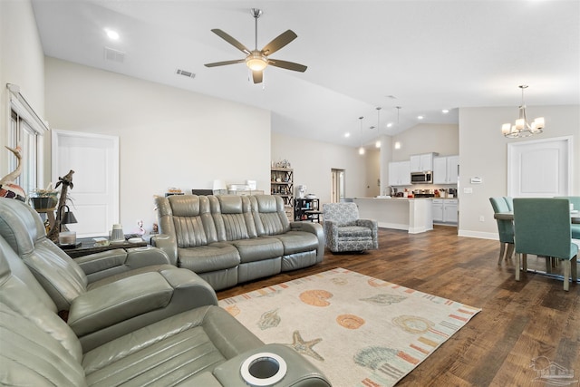 living room featuring high vaulted ceiling, ceiling fan with notable chandelier, and dark hardwood / wood-style flooring