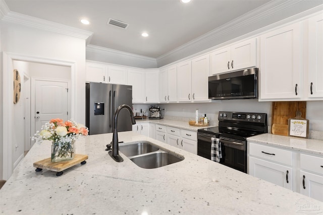9938 Suwanee Ln, Pensacola, FL 32526 - kitchen with black range with electric cooktop, stainless steel refrigerator with ice dispenser, a sink, crown molding, and white cabinetry