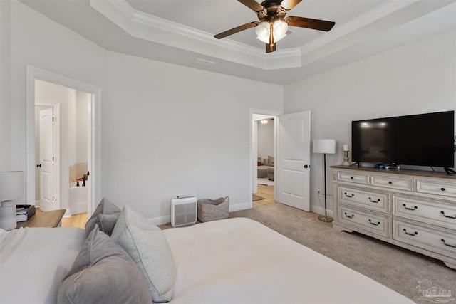 9938 Suwanee Ln, Pensacola, FL 32526 - bedroom with a tray ceiling, baseboards, light carpet, ornamental molding, and a ceiling fan