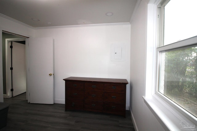 bedroom featuring ornamental molding and dark hardwood / wood-style floors