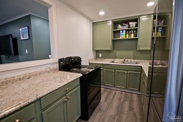 kitchen with sink, green cabinets, dark hardwood / wood-style floors, ornamental molding, and black range with electric cooktop