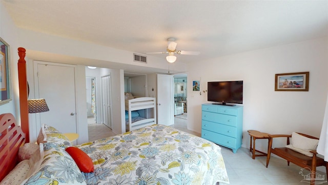 bedroom featuring visible vents, a closet, and ceiling fan