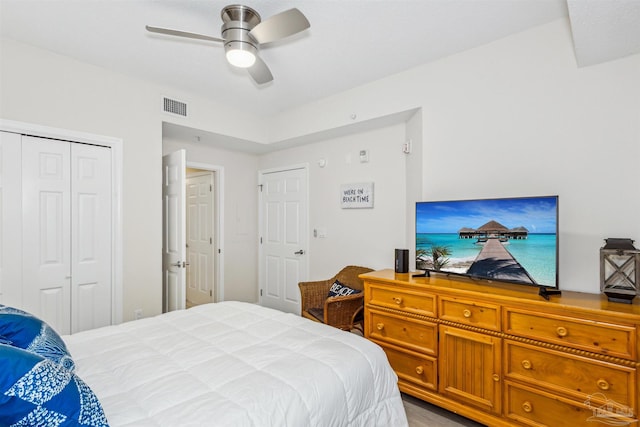 bedroom with ceiling fan and a closet