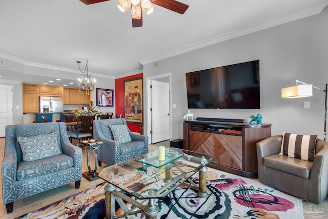 living area with visible vents, ornamental molding, and ceiling fan with notable chandelier
