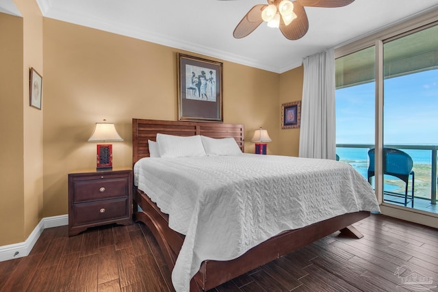 bedroom with baseboards, access to outside, ceiling fan, dark wood-type flooring, and ornamental molding