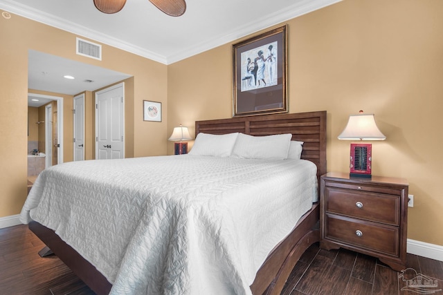 bedroom featuring visible vents, baseboards, ornamental molding, and dark wood-style floors