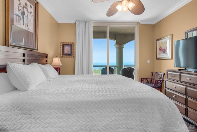 bedroom featuring ceiling fan, crown molding, and access to outside