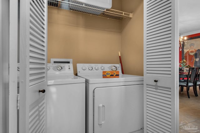 washroom with washing machine and clothes dryer, laundry area, and light tile patterned flooring