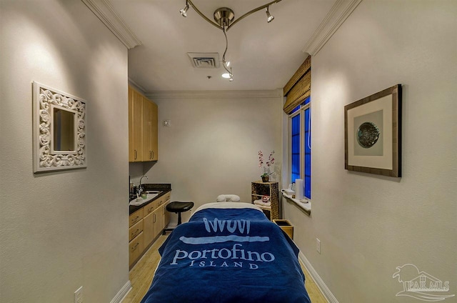 interior space featuring light wood-type flooring, visible vents, ornamental molding, and a sink