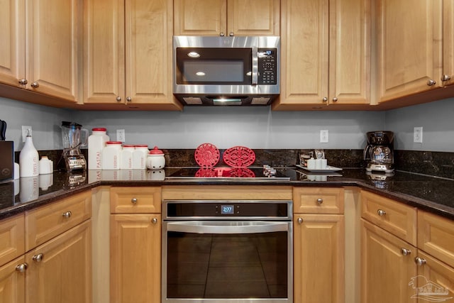 kitchen with stainless steel appliances and dark stone countertops