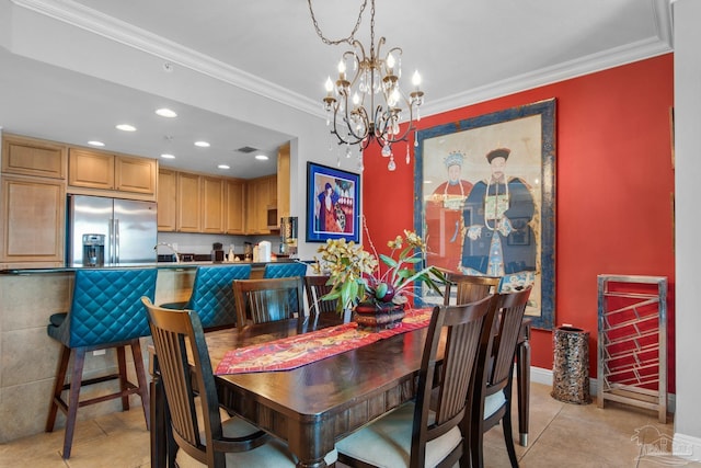 dining area featuring light tile patterned flooring, an inviting chandelier, ornamental molding, visible vents, and recessed lighting