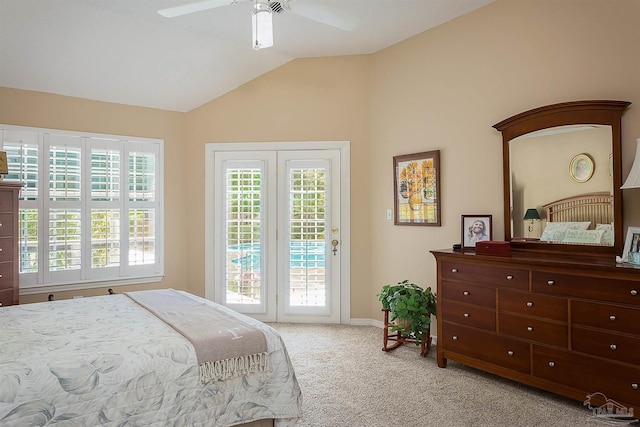 4200 Madura Rd, Gulf Breeze, FL 32563 - bedroom featuring access to exterior, ceiling fan, light carpet, baseboards, and lofted ceiling