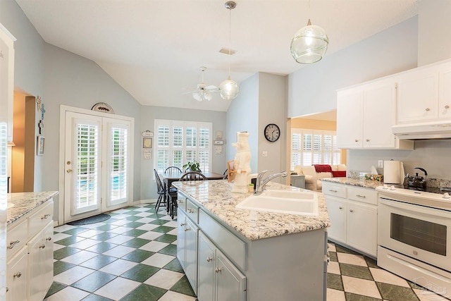 4200 Madura Rd, Gulf Breeze, FL 32563 - kitchen featuring electric range, under cabinet range hood, vaulted ceiling, ceiling fan, and a sink
