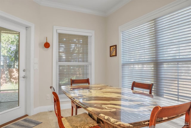 tiled dining room with crown molding